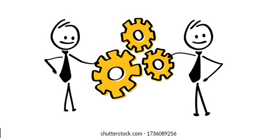 Happy business cartoon character holding idea symbol Happy smile stickman emoji. Comic 3 cogwheels stick figure man, woman Vector cog gear wheel emotions. Person Businessmen 404. Solution problem