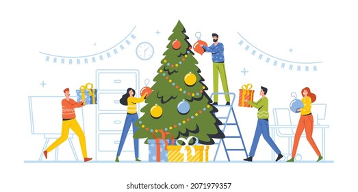 Happy Business Characters Decorate Christmas Tree Together in Office, Prepare for Winter Holidays Celebrating. Friends Hanging Balls on Spruce, New Year Celebration. Cartoon People Vector Illustration