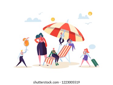 Happy Business Characters Relaxing on Beach Vacation. Office Workers People on Tropical Resort with Cocktail. Freelancer on Remote Work Place. Vector illustration