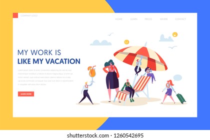 Happy Business Characters Vacation Landing Page. Office Manager Relax with Tropical Cocktail on Summer Holiday Resort Beach Concept for Website or Web Page. Flat Cartoon Vector Illustration