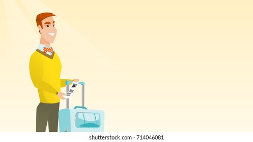 Happy business class passenger standing near suitcase and holding priority luggage tag. Young smiling caucasian businessman showing travel insurance tag. Vector cartoon illustration. Horizontal layout