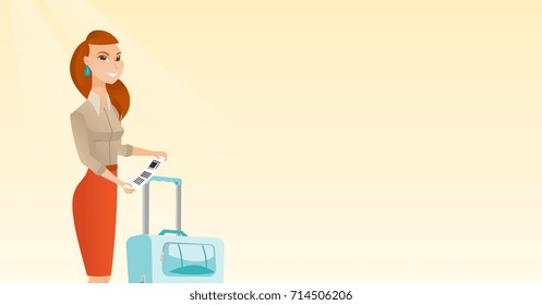 Happy business class passenger standing near suitcase and holding priority luggage tag. Young caucasian business woman showing travel insurance tag. Vector cartoon illustration. Horizontal layout.