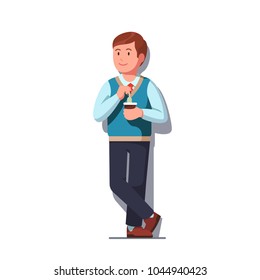 Happy Business Clerk Standing Leaning Against Wall And Making Tea Dipping Teabag Into Disposable Cup, Having Work Break. Happily Smiling Business Man In Sweater And Necktie. Flat Vector Illustration