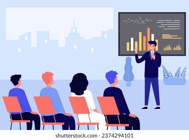 Happy business coach giving presentation vector illustration. Cartoon drawing of man giving lecture about financial success to employees or audience. Business training, finances, management concept