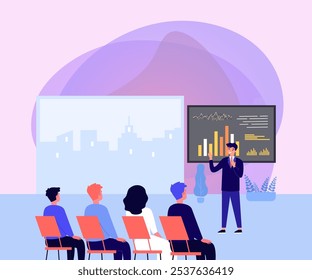 Happy business coach giving presentation vector illustration. Cartoon drawing of man giving lecture about financial success to employees or audience. Business training, finances, management concept