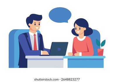 Happy business colleagues collaborating on laptop, modern flat design, positive mood.