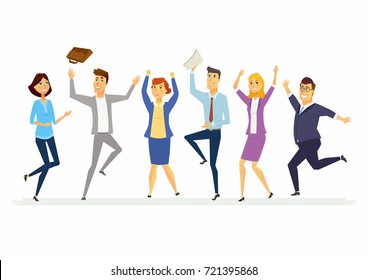 Happy Business Colleagues - Modern Cartoon People Characters Isolated Illustration With Employees In Formal Clothes Waving Hands And Jumping With Joy