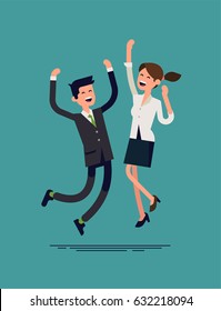 Happy business couple jumping. Business man and woman characters excited with achievement. Cool vector character design on successful adult female and male office workers jumping happy