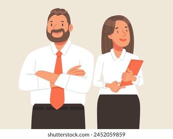 Happy business couple. Portrait of company employees. A man and a woman in business attire. Vector illustration in flat style