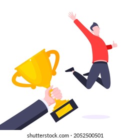 Happy business employee award winner ceremony flat style design vector illustration. Employee recognition and best worker competition award celebrating victory winner business concept.