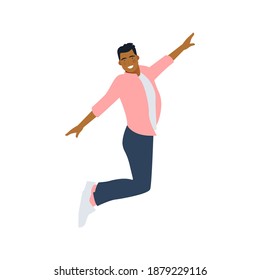 Happy Business Employee Man Jumping in the Air Cheerfully. Modern Flat Vector Illustration. Feeling and Emotion Social Media Concept.