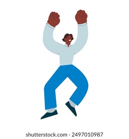 Happy business employee man jumping in the air cheerfully isolated on white background. Modern flat vector illustration. Social media concept.