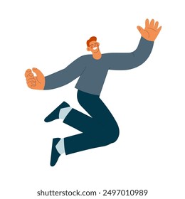 Happy business employee man jumping in the air cheerfully isolated on white background. Modern flat vector illustration. Social media concept.