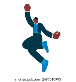 Happy business employee man jumping in the air cheerfully isolated on white background. Modern flat vector illustration. Social media concept.