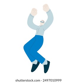 Happy business employee man jumping in the air cheerfully isolated on white background. Modern flat vector illustration. Social media concept.