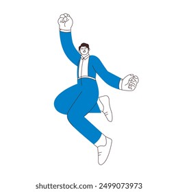 Happy business employee man jumping in the air cheerfully isolated on white background. Black and white modern flat vector illustration. Social media concept.