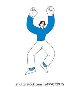 Happy business employee man jumping in the air cheerfully isolated on white background. Black and white modern flat vector illustration. Social media concept.