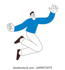 Happy business employee man jumping in the air cheerfully isolated on white background. Black and white modern flat vector illustration. Social media concept.