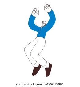 Happy business employee man jumping in the air cheerfully isolated on white background. Black and white modern flat vector illustration. Social media concept.