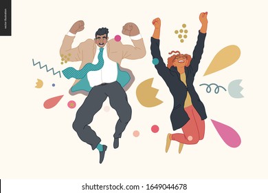 Happy business employee man and woman jumping in the air cheerfully. Modern flat vector concept illustration of a happy jumping office workers. Feeling and emotion concept.