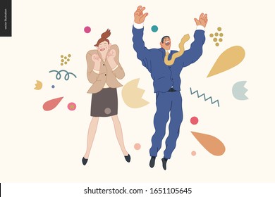 Happy business employee man and woman jumping in the air cheerfully. Modern flat vector concept illustration of a happy jumping office workers. Feeling and emotion concept.