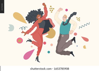 Happy business employee man and woman jumping in the air cheerfully. Modern flat vector concept illustration of a happy jumping office workers. Feeling and emotion concept.