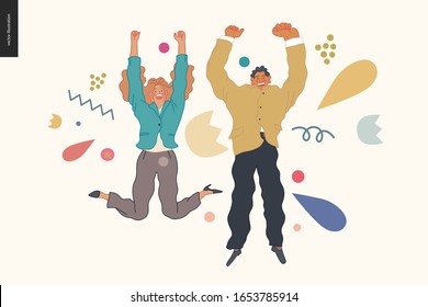 Happy business employee man and woman jumping in the air cheerfully. Modern flat vector concept illustration of a happy jumping office workers. Feeling and emotion concept.