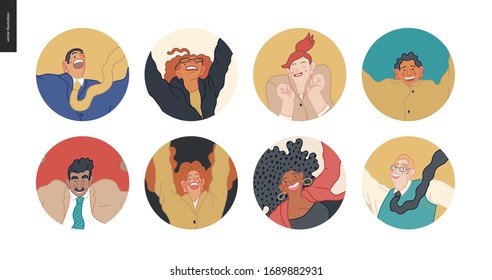 Happy business employee man and woman avatars jumping in the air cheerfully. Modern flat vector concept illustration of a happy jumping office workers userpics. Feeling and emotion concept.