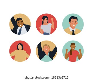 Happy Business Employee People Badges on Colorful Background. Modern Flat Vector Illustration. Feeling and Emotion Social Media Concept.