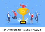 Happy business employee team winners award ceremony flat style design vector illustration. Employee recognition and best worker competition award team celebrating victory winner business concept.