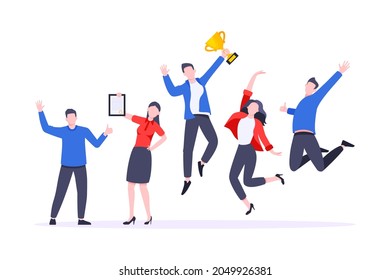 Happy business employee team winners award ceremony flat style design vector illustration. Employee recognition and best worker competition award team celebrating victory winner business concept.