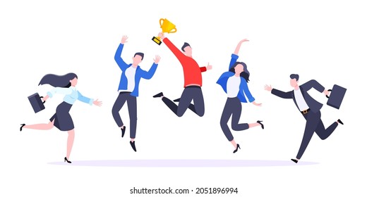 Happy business employee team winners award ceremony flat style design vector illustration. Employee recognition and best worker competition award team celebrating victory winner business concept.