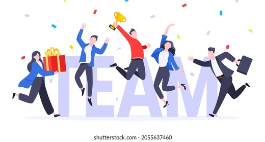 Happy business employee team winners award ceremony flat style design vector illustration. Employee recognition and best worker competition award team celebrating victory winner business concept.