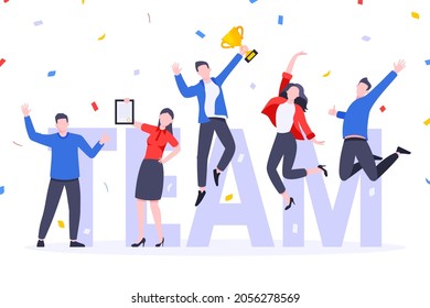 Happy business employee team winners award ceremony flat style design vector illustration. Employee recognition and best worker competition award team celebrating victory winner business concept.