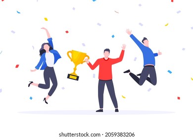 Happy business employee team winners award ceremony flat style design vector illustration. Employee recognition and best worker competition award team celebrating victory winner business concept.