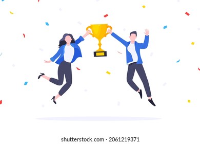 Happy Business Employee Team Winners Award Ceremony Flat Style Design Vector Illustration. Employee Recognition And Best Worker Competition Award Team Celebrating Victory Winner Business Concept.