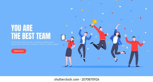 Happy business employee team winners award ceremony flat style design vector illustration. Employee recognition and best worker competition award team celebrating victory winner business concept.