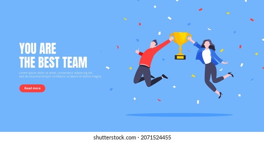 Happy business employee team winners award ceremony flat style design vector illustration. Employee recognition and best worker competition award team celebrating victory winner business concept.