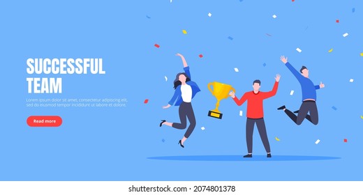 Happy business employee team winners award ceremony flat style design vector illustration. Employee recognition and best worker competition award team celebrating victory winner business concept.