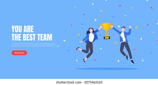 Felices ganadores del equipo de empleados de negocios premian la ceremonia de diseño de estilo plano ilustración vectorial. Reconocimiento de empleados y el mejor equipo de competición de trabajadores celebrando el concepto de negocio del ganador de la victoria.