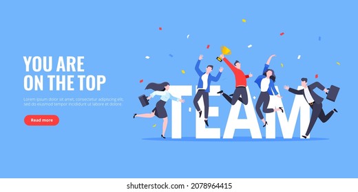 Happy business employee team winners award ceremony flat style design vector illustration. Employee recognition and best worker competition award team celebrating victory winner business concept.