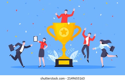 Happy business employee team winners award ceremony flat style design vector illustration. Employee recognition and best worker competition award team celebrating victory winner business concept.