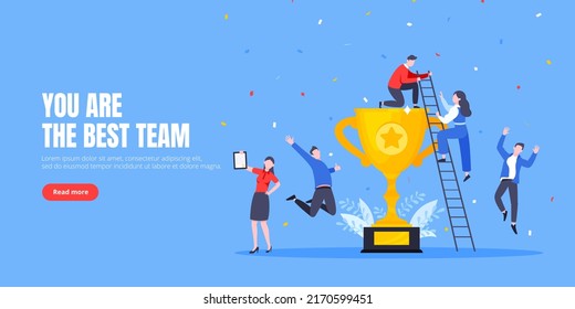 Happy business employee team winners award ceremony flat style design vector illustration. Employee recognition and best worker competition award team celebrating victory winner business concept.