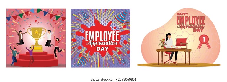 Happy business employee team winners award ceremony. Celebrating Employee Appreciation Day. A working employee seated at a desk. Set flat vector modern illustration 