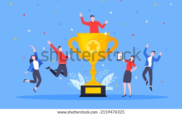 Happy business employee team winners award\
ceremony flat style design vector illustration. Employee\
recognition and best worker competition award team celebrating\
victory winner business\
concept.