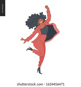 Happy business employee woman jumping in the air cheerfully. Modern flat vector concept illustration of a happy jumping office worker. Feeling and emotion concept.