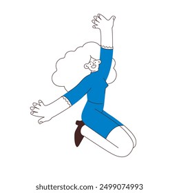 Happy business employee woman jumping in the air cheerfully isolated on white background. Black and white modern flat vector illustration. Social media concept.