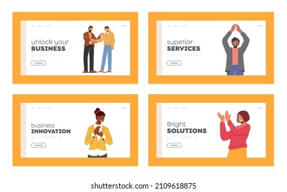 Happy Business Employees Celebrating Victory Landing Page Template Set. Company Success, Worker Encouraging, Congratulation Best Colleagues. Boss Congratulate Officer. Cartoon Vector Illustration