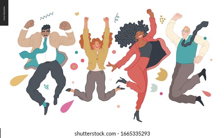 Happy business employees - group of men and women jumping in the air cheerfully. Modern flat vector concept illustration of a happy jumping office workers. Feeling and emotion concept.