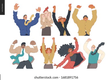 Happy business employees - group of men and women jumping in the air cheerfully. Modern flat vector concept illustration of a happy jumping office workers. Feeling and emotion concept.